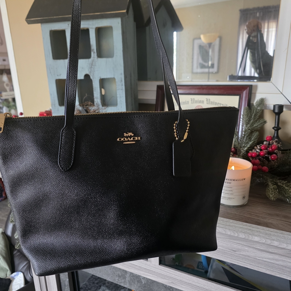 Coach Black Leather Tote with Gold Accents